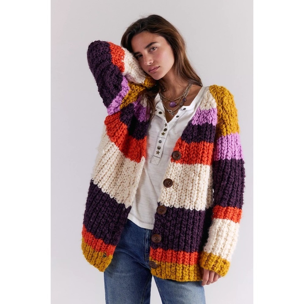 Nwt!! Free People Myles Stripe Cardi Chunky Knit Cardigan Sweater X-Small